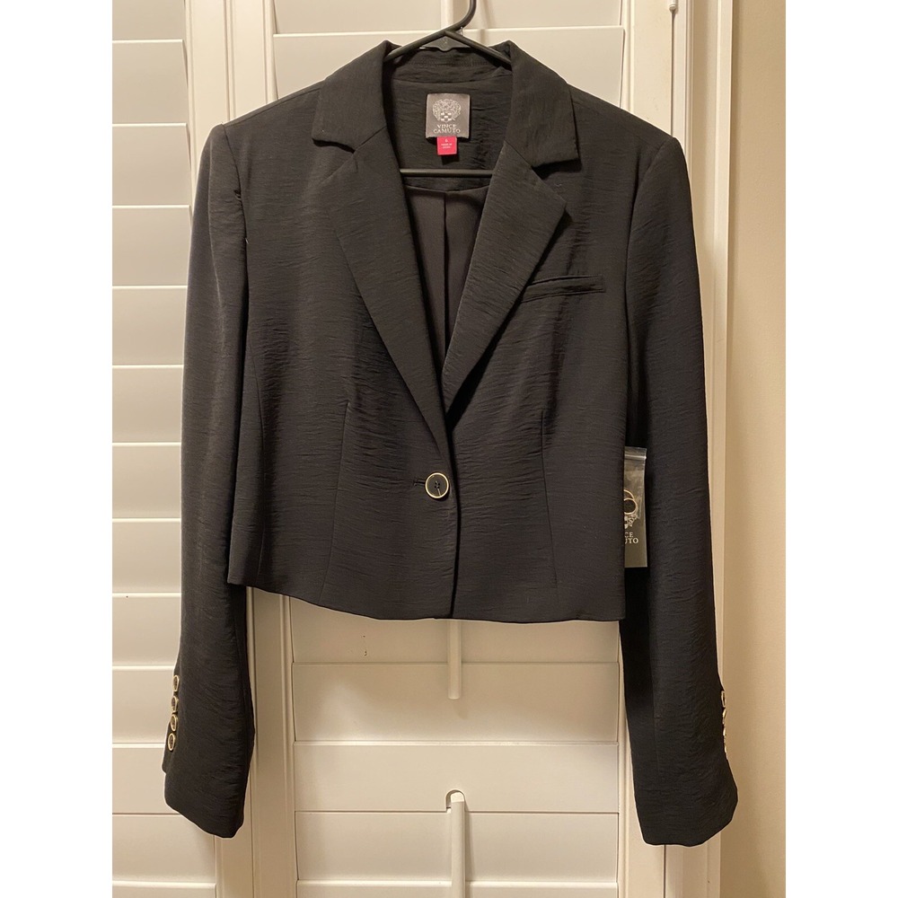 Vince Camuto Womens Blazer Size 6 Black Square Cut Single Button Front Cropped